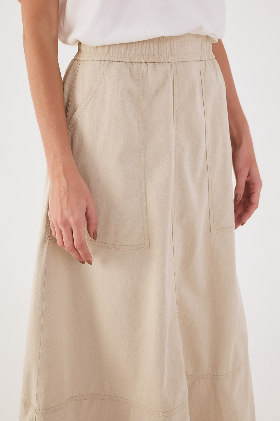 Beige Areia Pockets Elastic Waist Twill Balloon Maxi Skirt