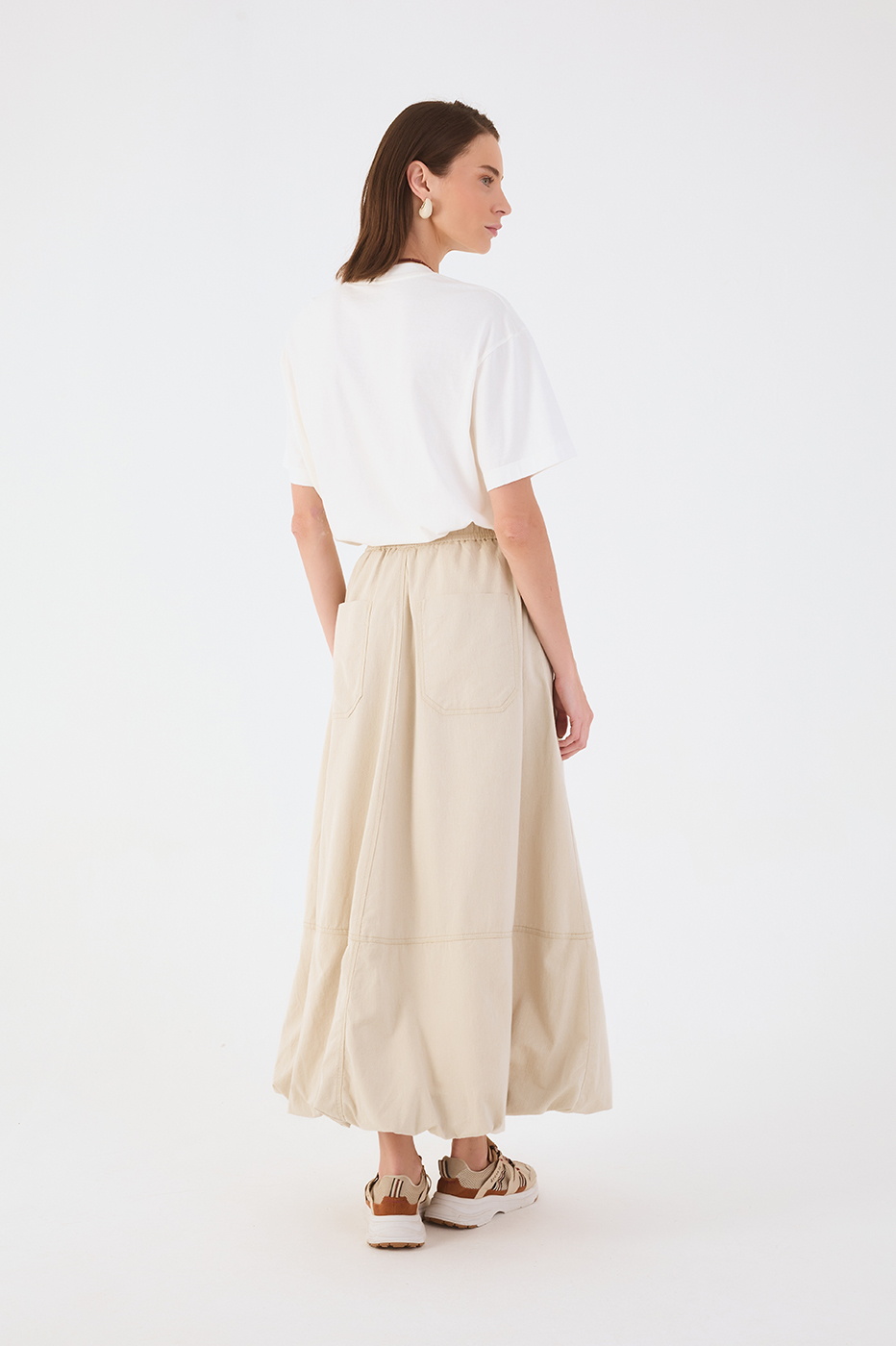 Beige Areia Pockets Elastic Waist Twill Balloon Maxi Skirt