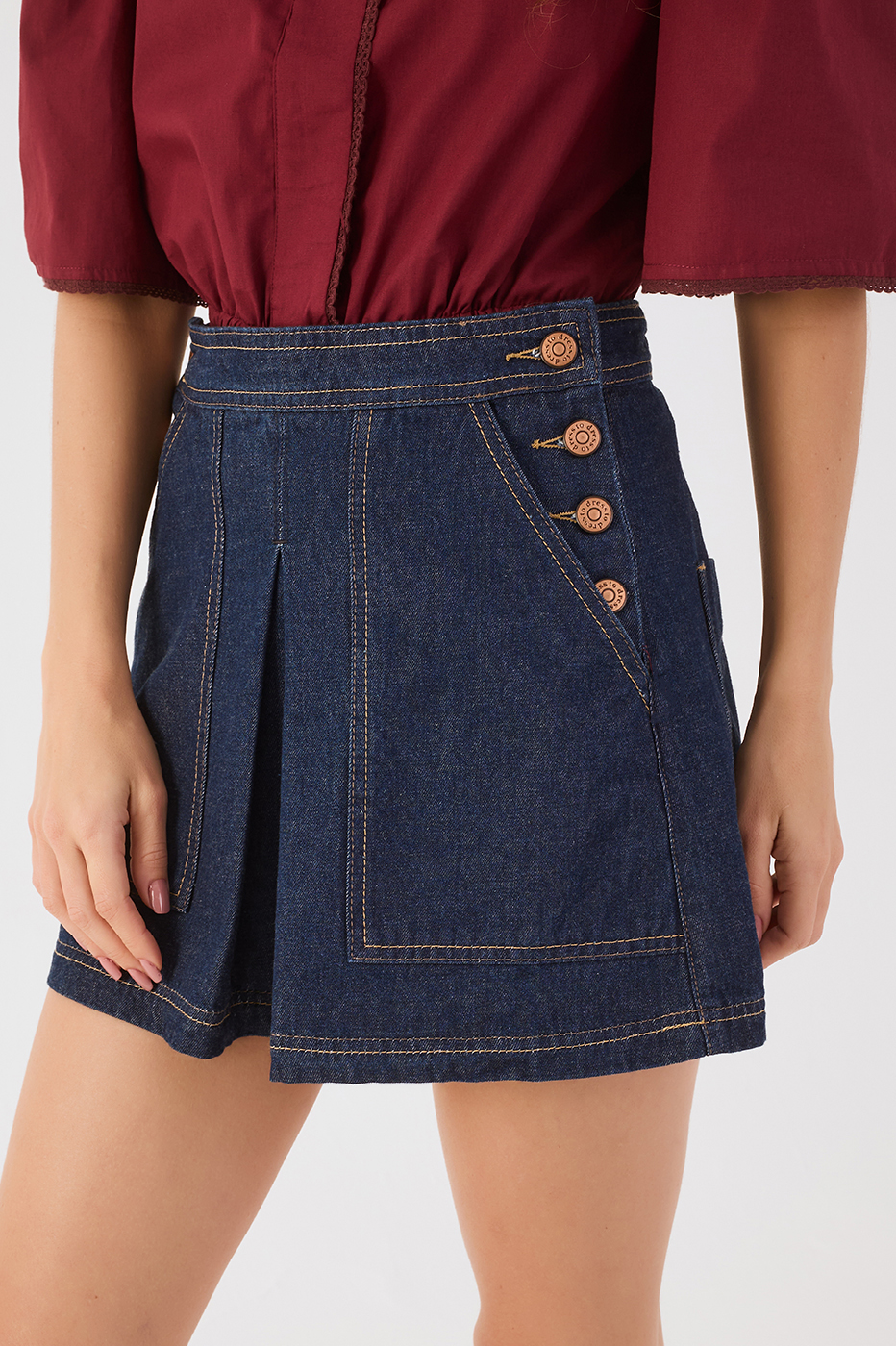 Denim Pleats Buttoned Pockets Mini Skirt