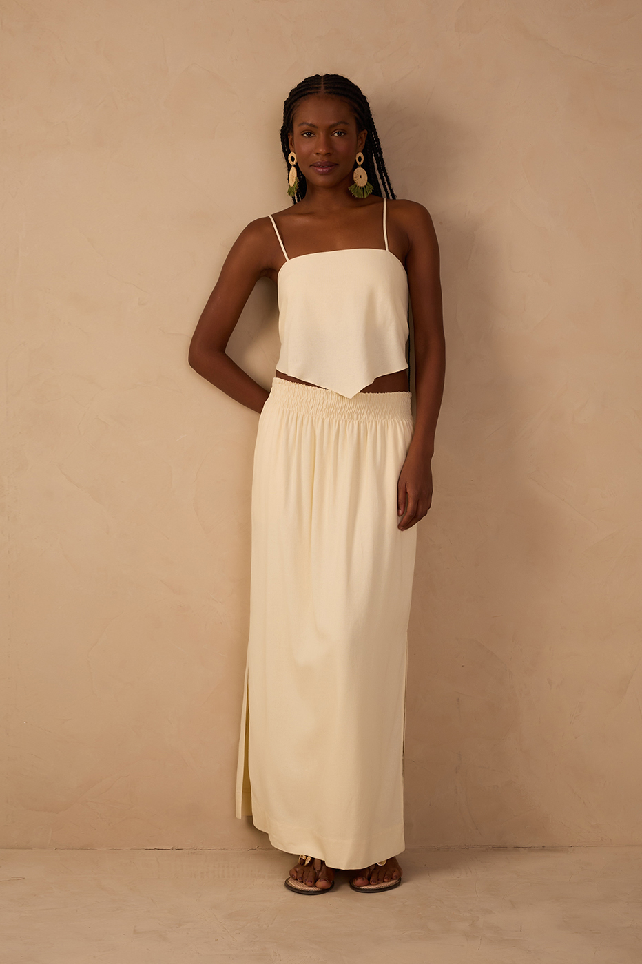 Linen Midi Smocked Waist Skirt