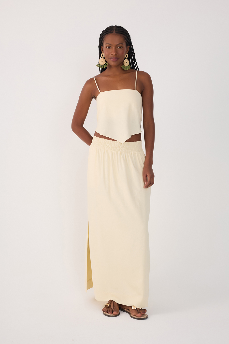 Linen Midi Smocked Waist Skirt_2