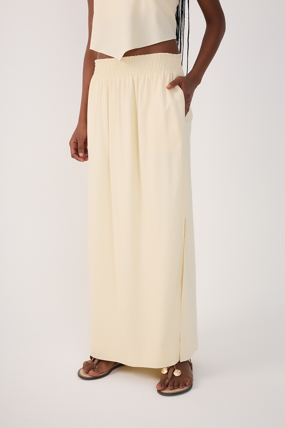 Linen Midi Smocked Waist Skirt_3