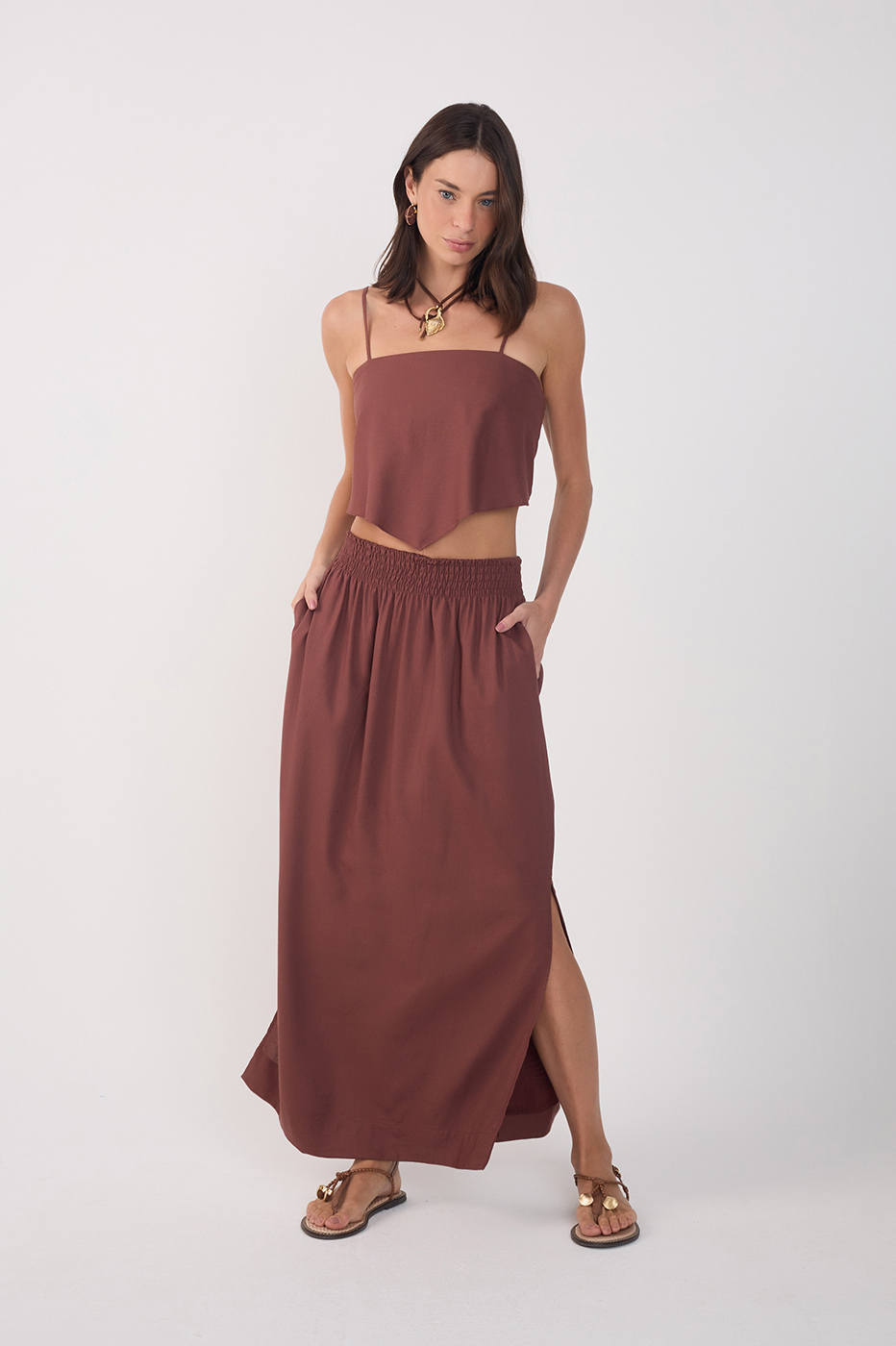 Linen Midi Smocked Waist Skirt