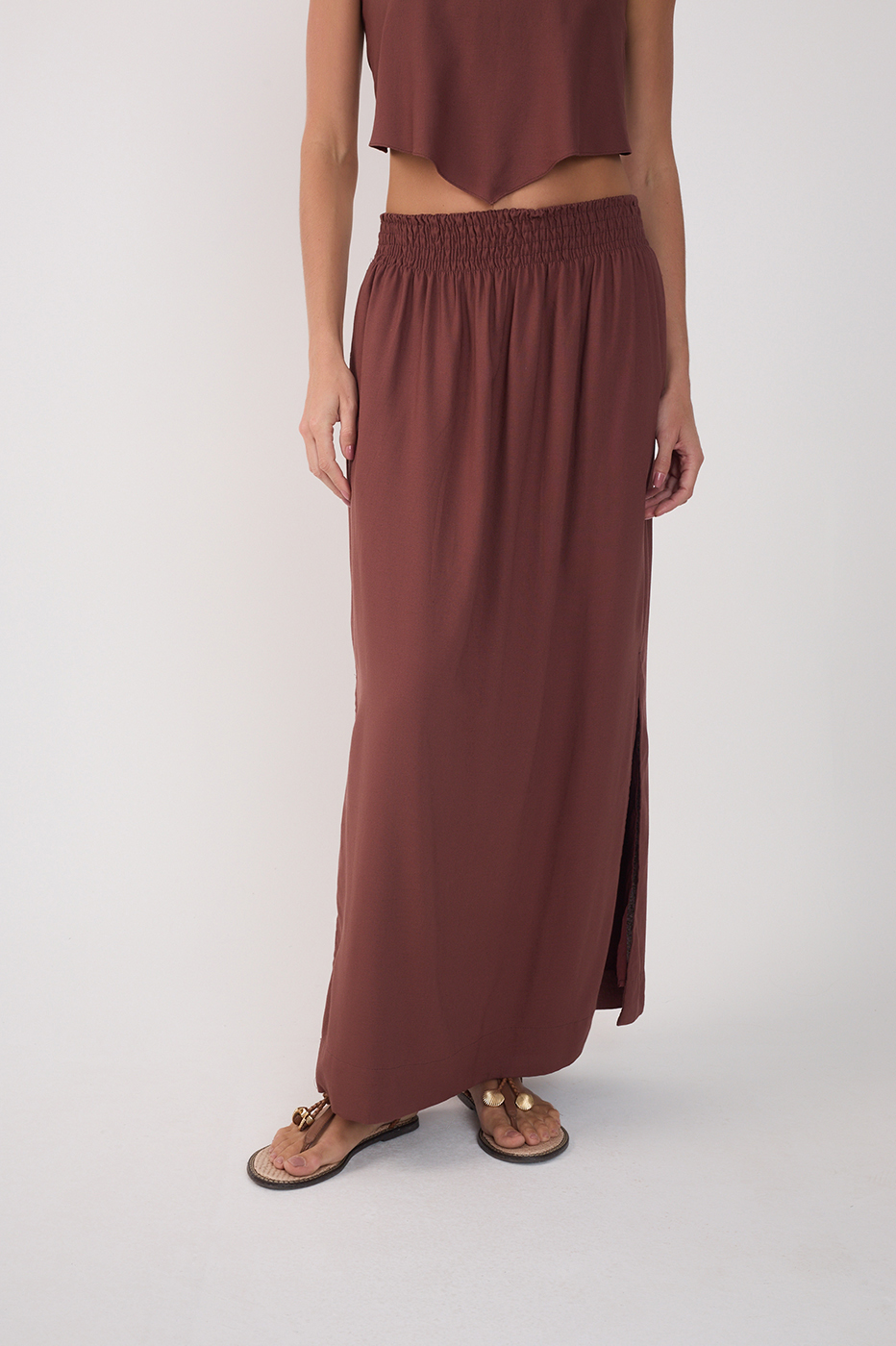 Linen Midi Smocked Waist Skirt_3