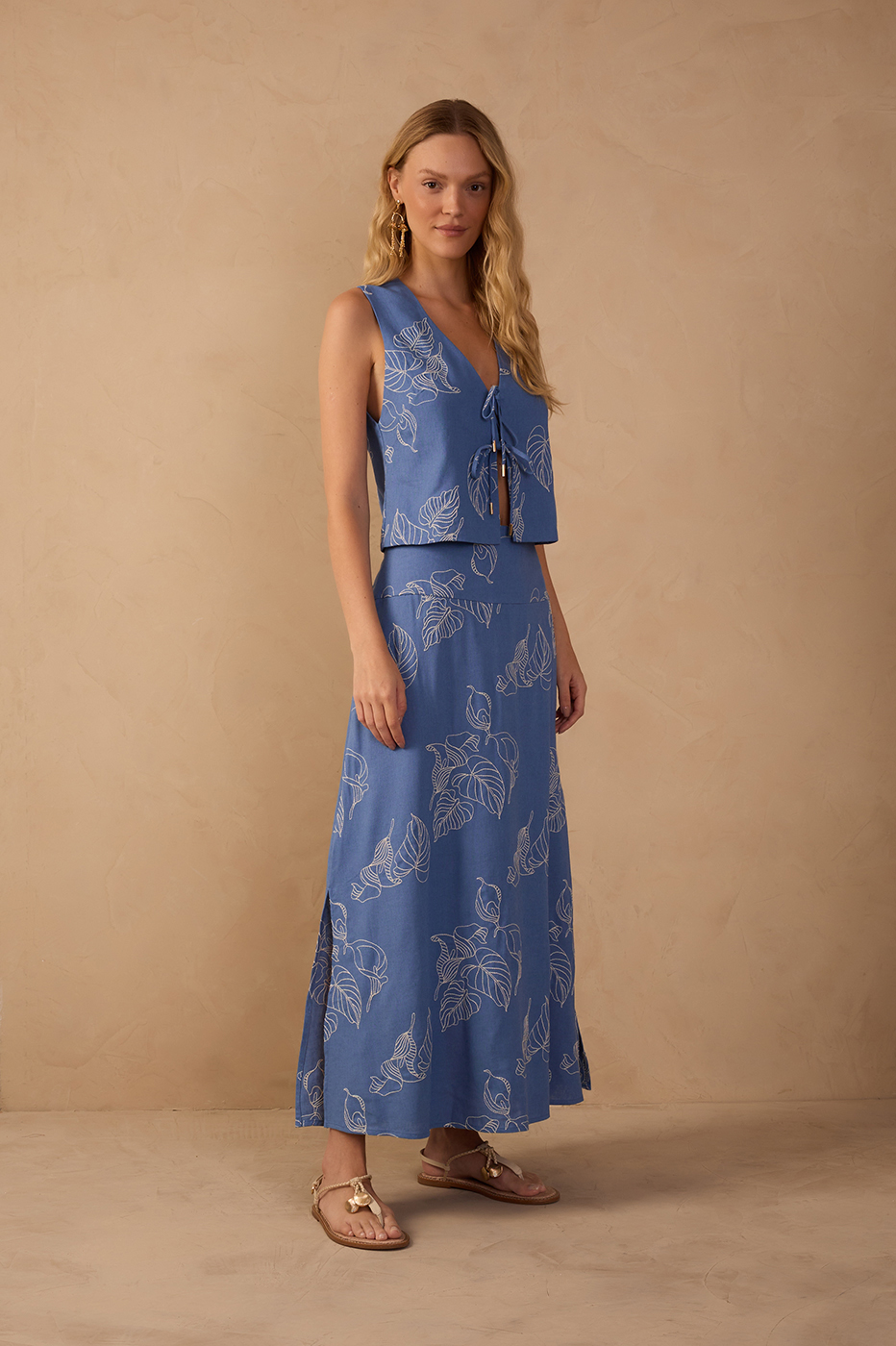 Linen Midi Calla Lily Embroidery Skirt