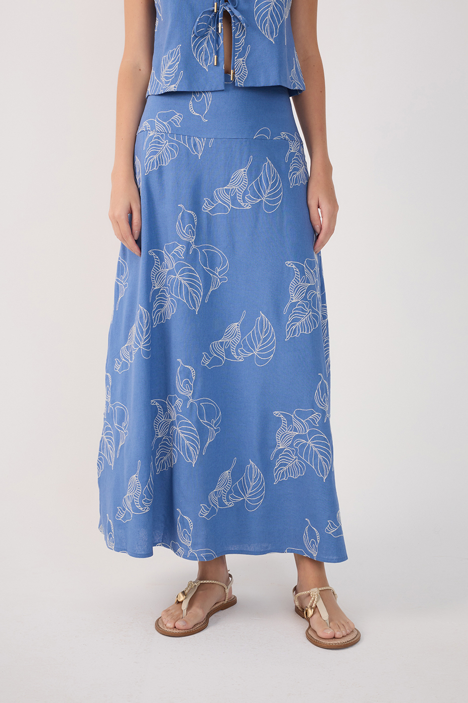 Linen Midi Calla Lily Embroidery Skirt