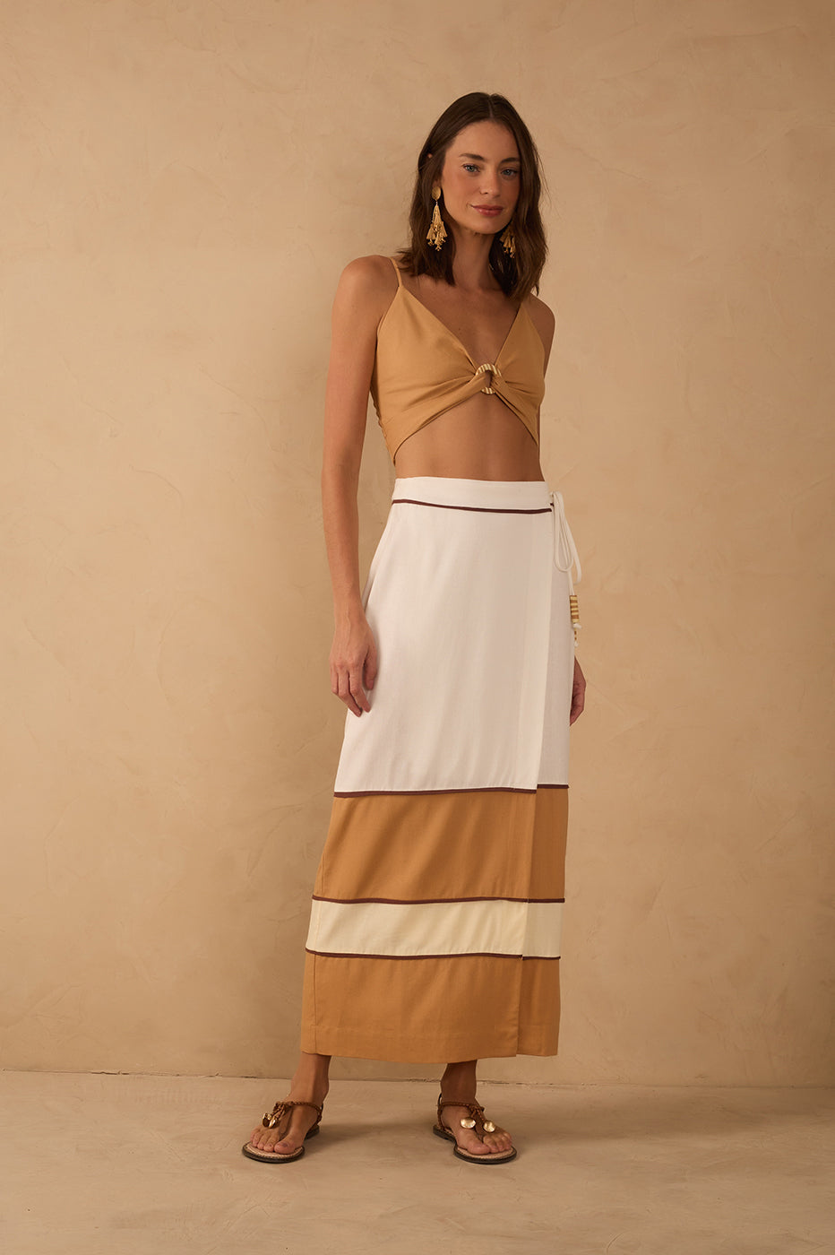 Linen Midi Color Block Cut-Outs Skirt_1