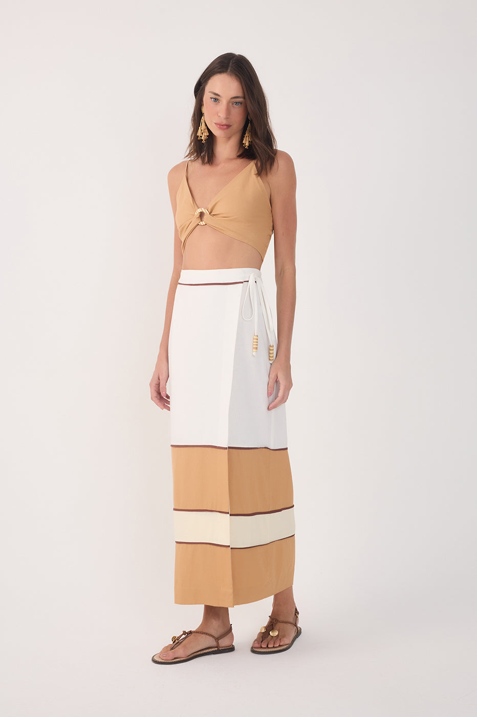 Linen Midi Color Block Cut-Outs Skirt_2