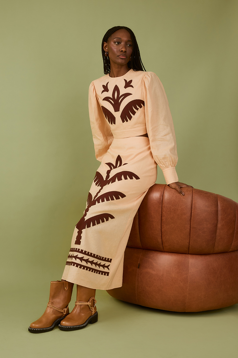 Beige Palm Embroidered Linen Skirt