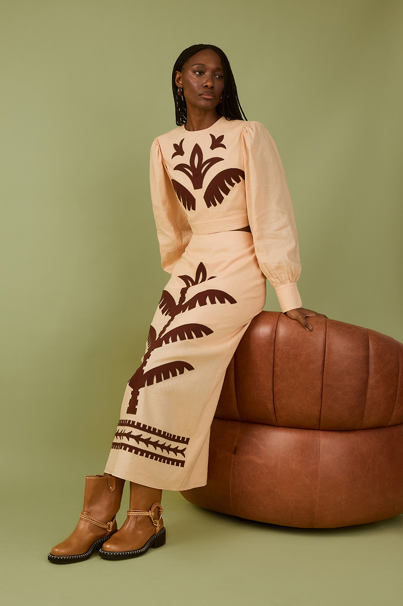 Beige Palm Print Midi Skirt