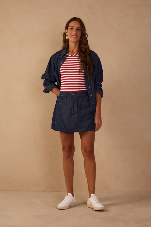 Denim Belt Loops Balloon Mini Skirt in Jeans | Dress To