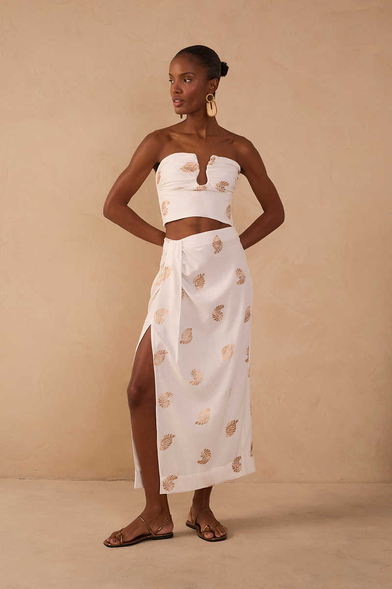 Off-White Side Tie Embroidered Linen Maxi Skirt_1