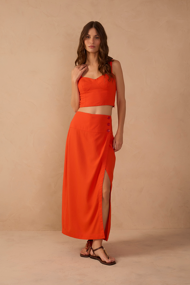 Red Buttoned Front Slit Linen Midi Skirt_1