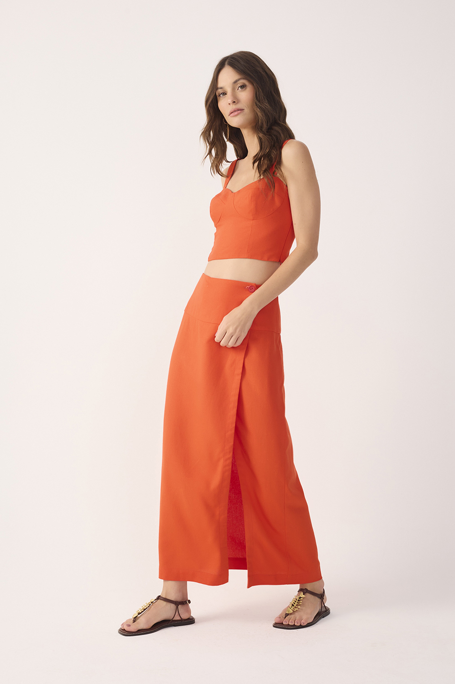 Red Buttoned Front Slit Linen Midi Skirt_3
