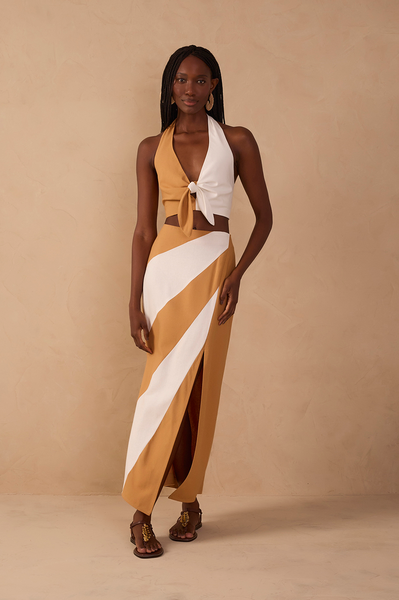 Bicolor Front Slit Midi Linen Skirt_1