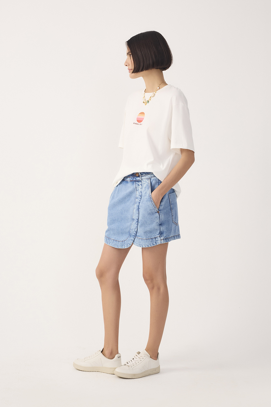 Jeans Skirt Topstitched Waistband Shorts_4