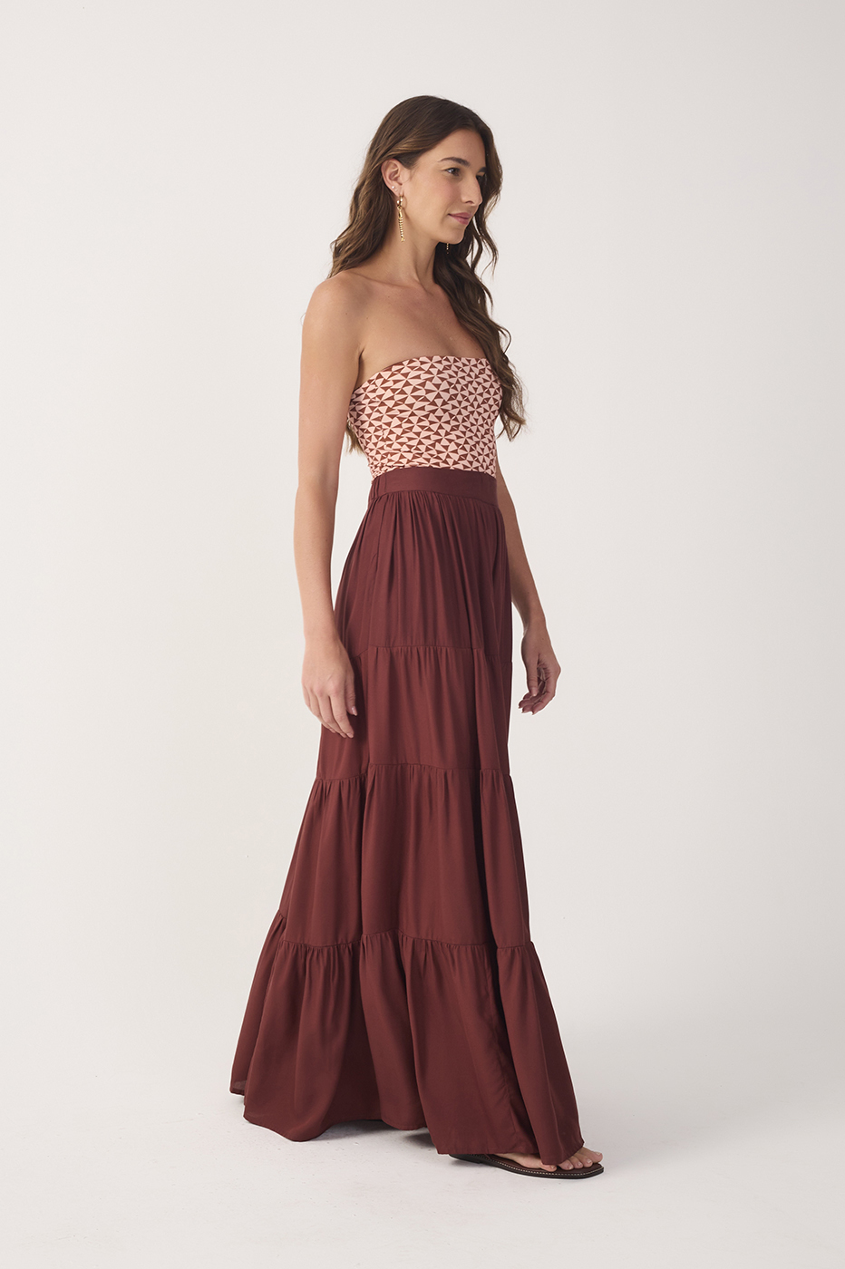 Brown Ruched Tiered Maxi Skirt_4
