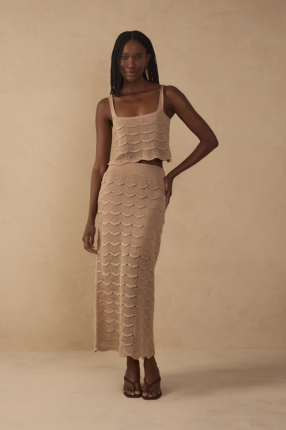 Beige Waves Tricot Midi Skirt_1
