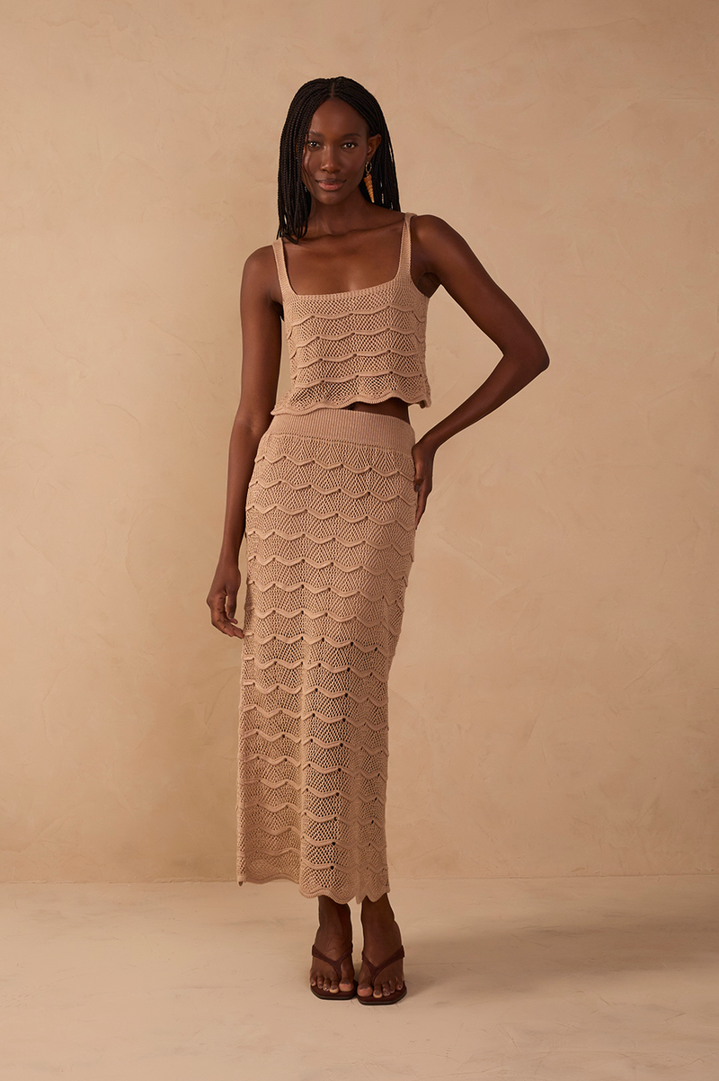 Beige Waves Tricot Midi Skirt_1