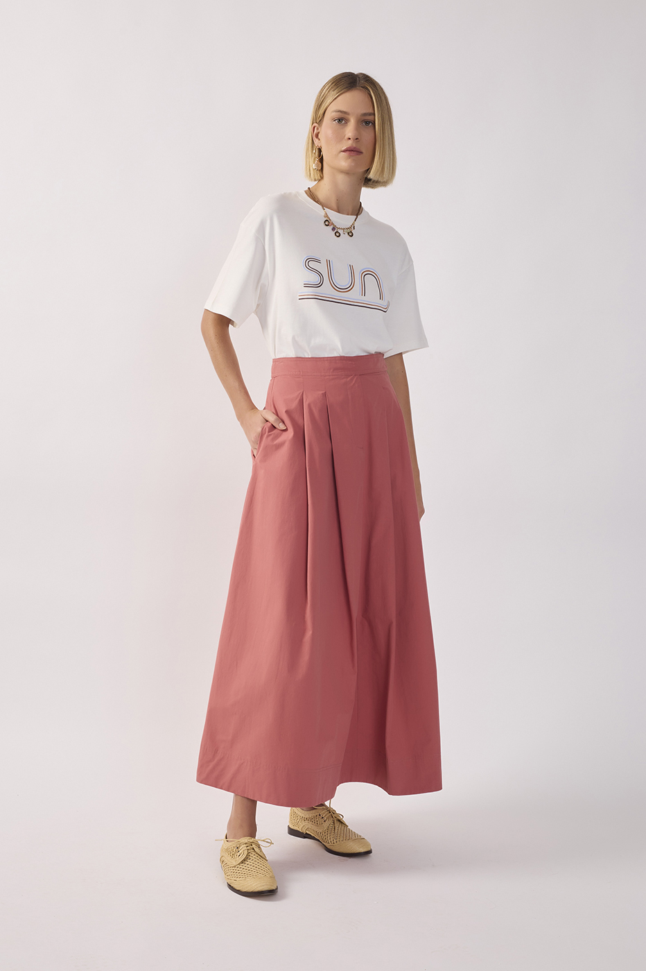 Pleated Pockets Tailored Cotton Maxi Skirt_2
