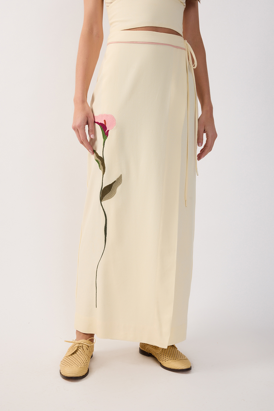 Off-white Embroidered Flora Wrap Linen Maxi Skirt_4