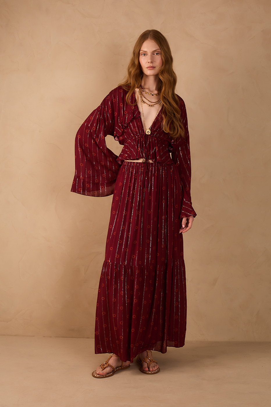 Marsala Solar Lurex Elastic Waist Boho Maxi Skirt