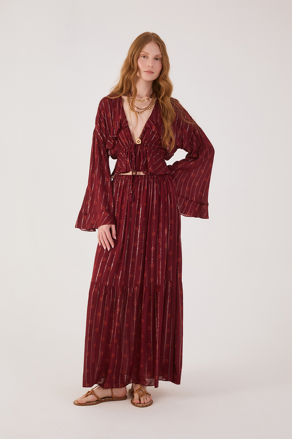 Marsala Solar Lurex Elastic Waist Boho Maxi Skirt