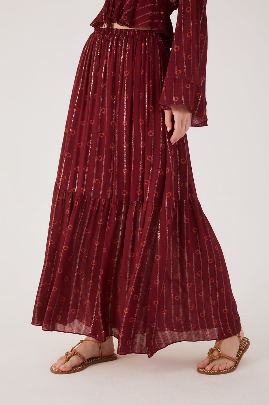 Marsala Solar Lurex Elastic Waist Boho Maxi Skirt