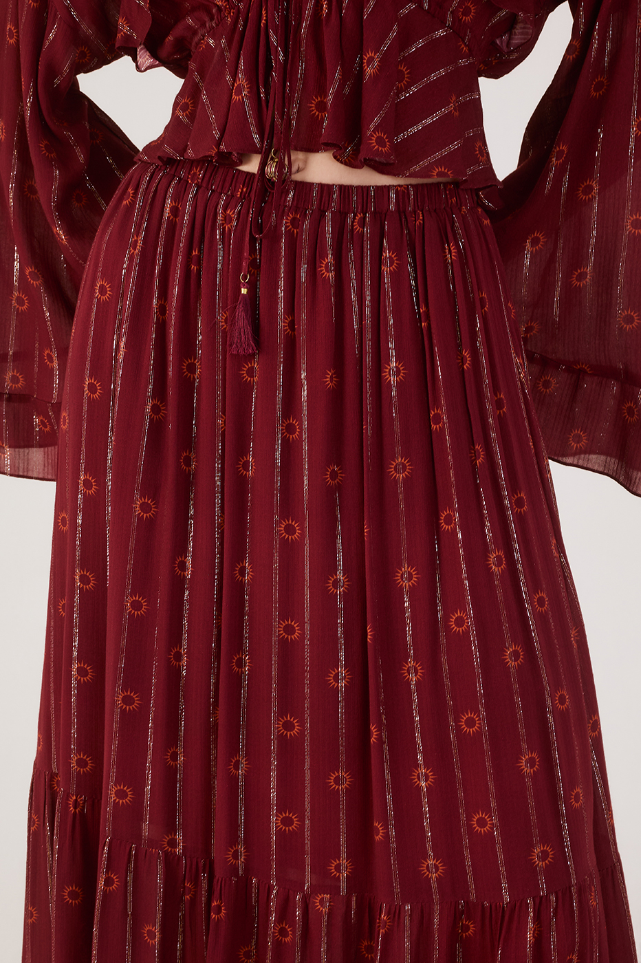Marsala Solar Lurex Elastic Waist Boho Maxi Skirt