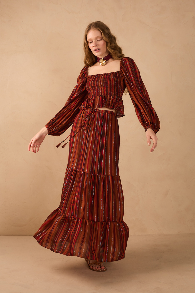 Brown Refugio Lurex Tiered Drawstring Maxi Skirt_1