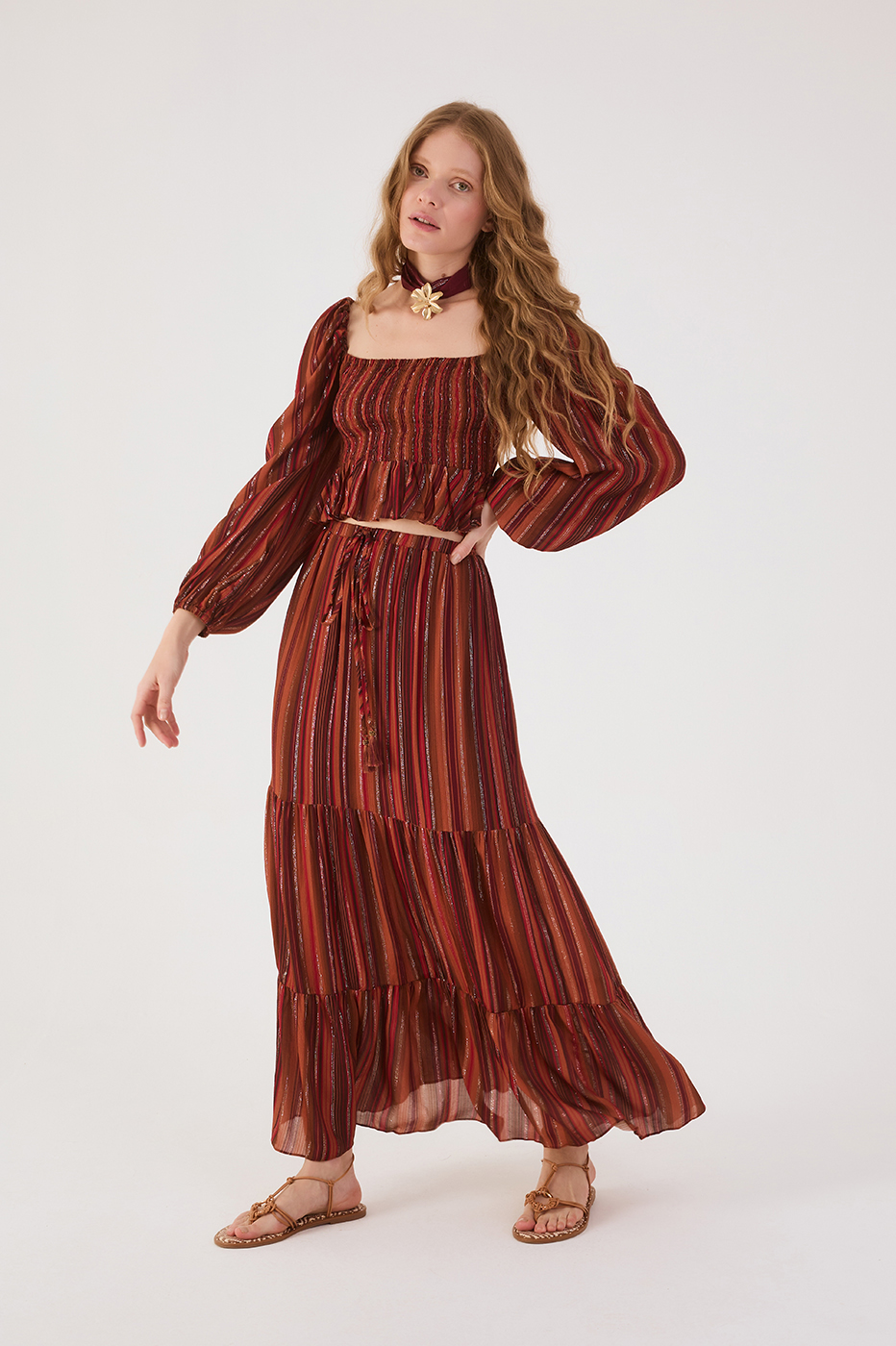 Brown Refugio Lurex Tiered Drawstring Maxi Skirt