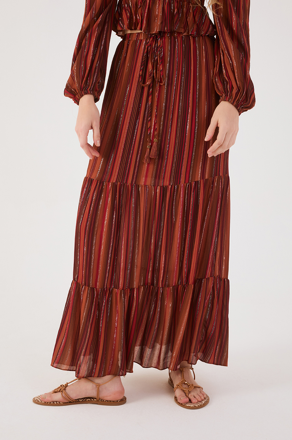 Brown Refugio Lurex Tiered Drawstring Maxi Skirt