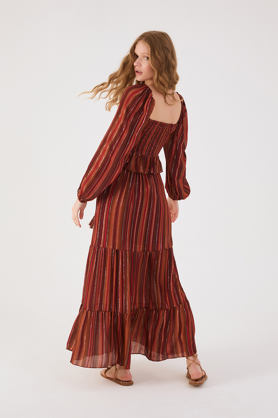 Brown Refugio Lurex Tiered Drawstring Maxi Skirt