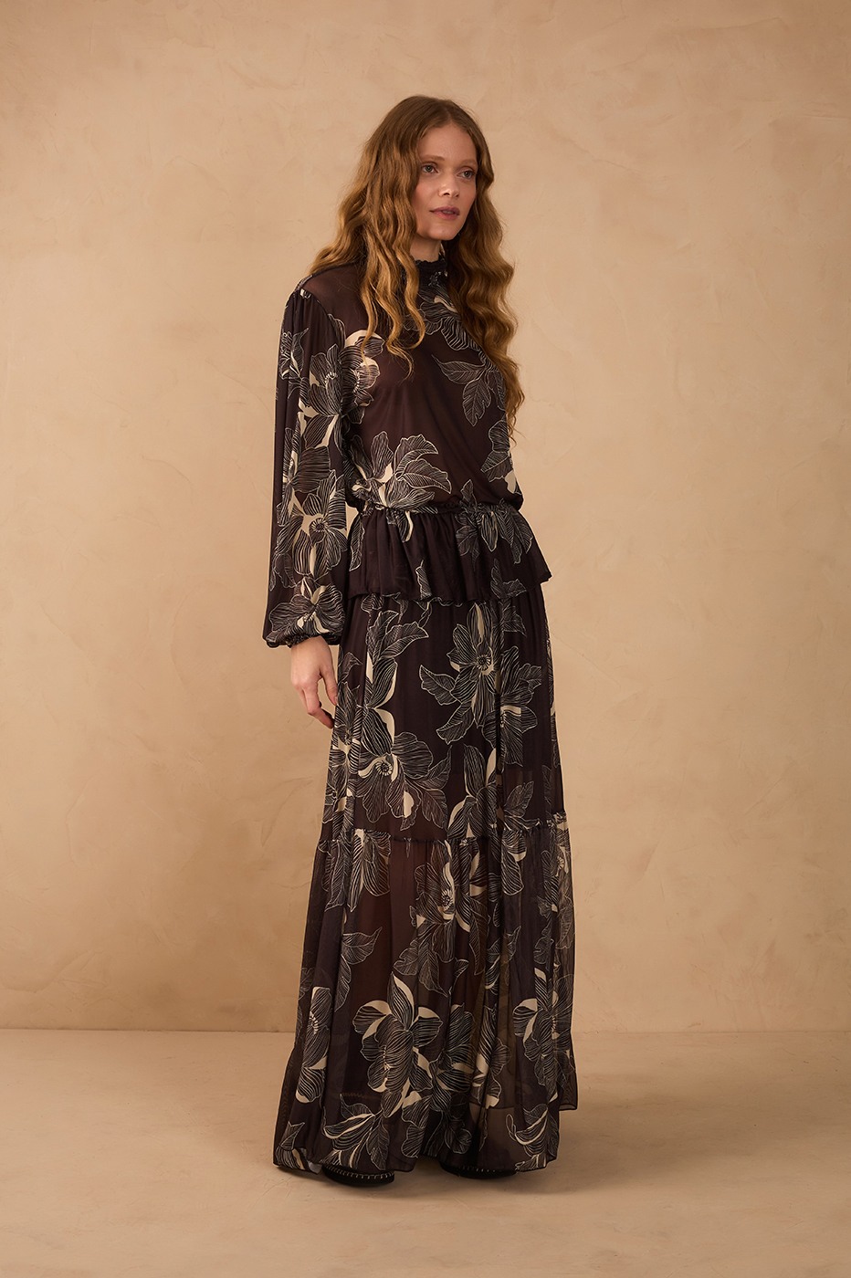 Brown Flora Elastic Waist Tiered Tulle Maxi Skirt