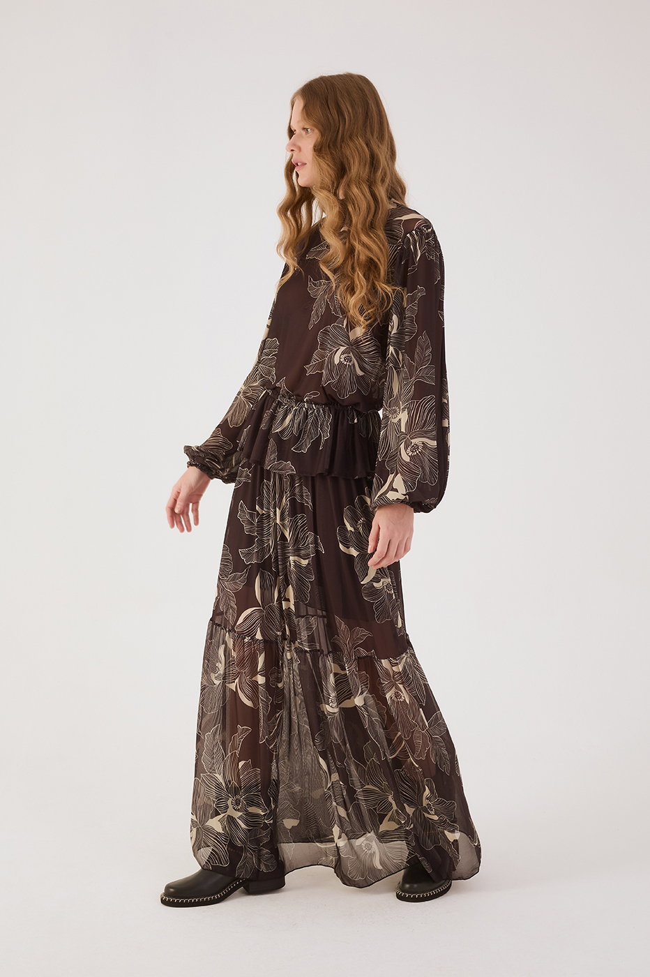 Brown Flora Elastic Waist Tiered Tulle Maxi Skirt
