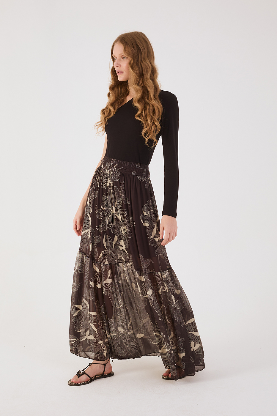 Brown Flora Elastic Waist Tiered Tulle Maxi Skirt