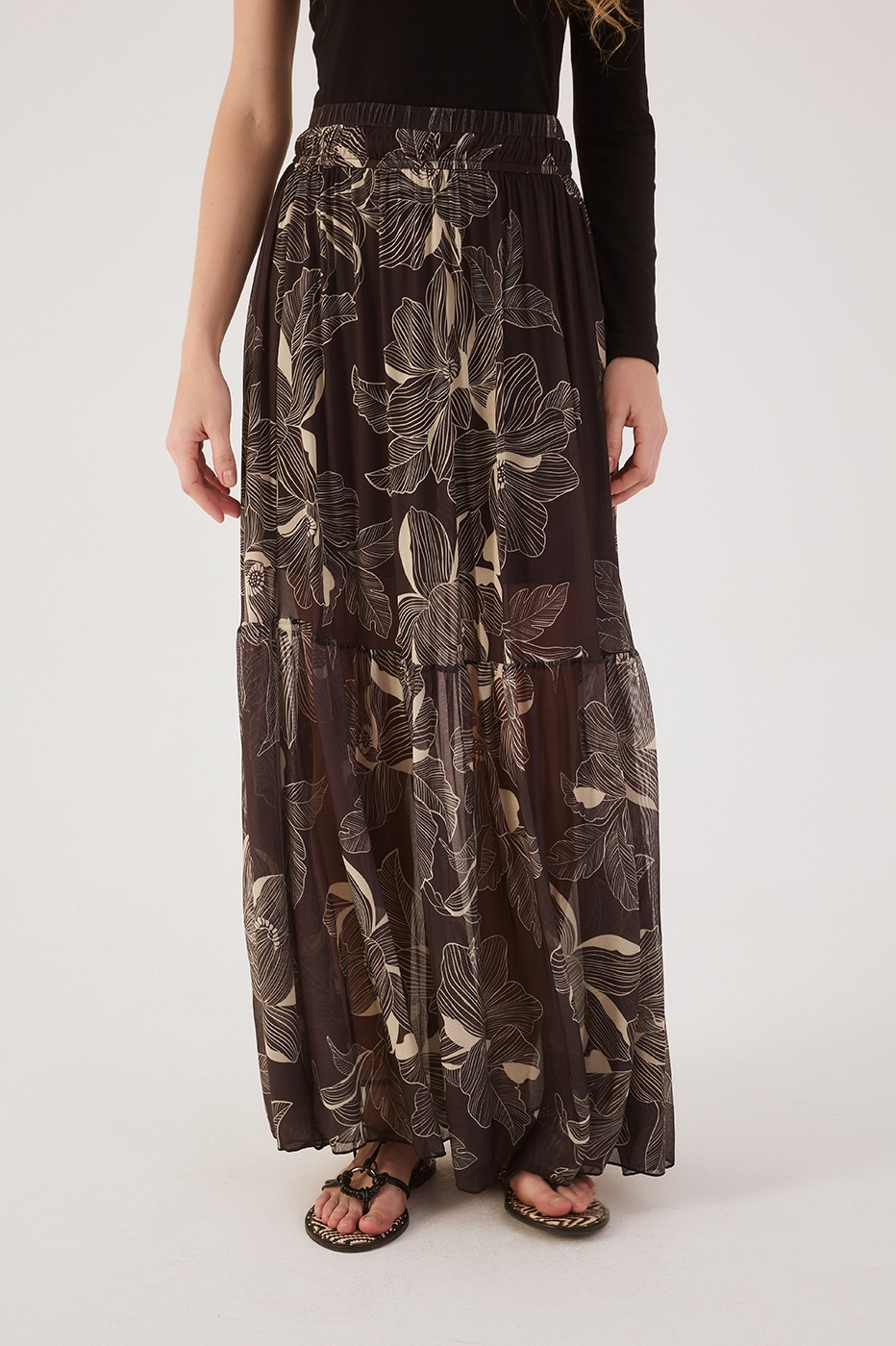 Brown Flora Elastic Waist Tiered Tulle Maxi Skirt