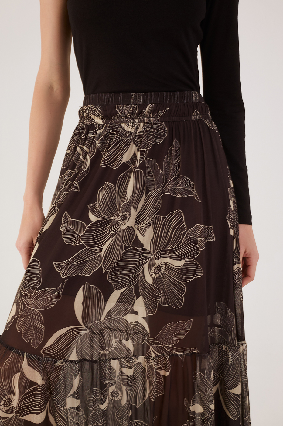 Brown Flora Elastic Waist Tiered Tulle Maxi Skirt