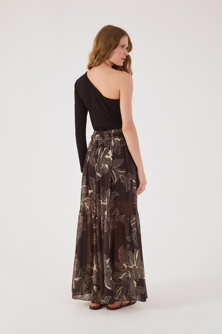 Brown Flora Elastic Waist Tiered Tulle Maxi Skirt