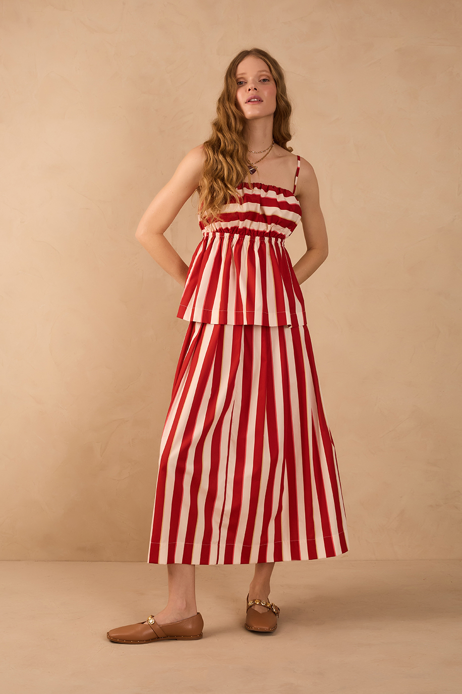 Red Maravilha Stripes Button Closure Pleats Maxi Skirt