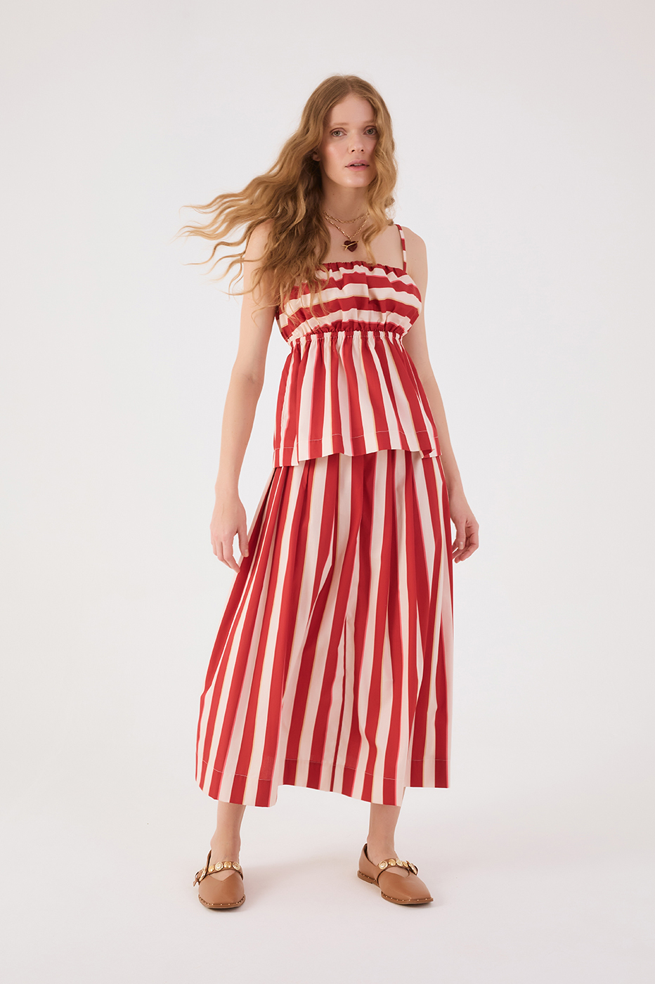 Red Maravilha Stripes Button Closure Pleats Maxi Skirt