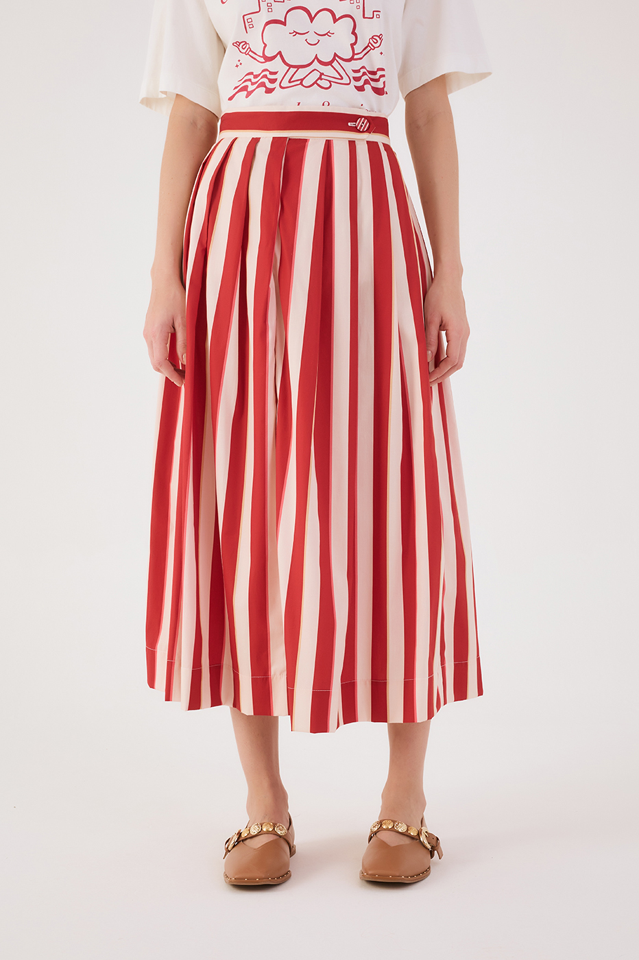 Red Maravilha Stripes Button Closure Pleats Maxi Skirt