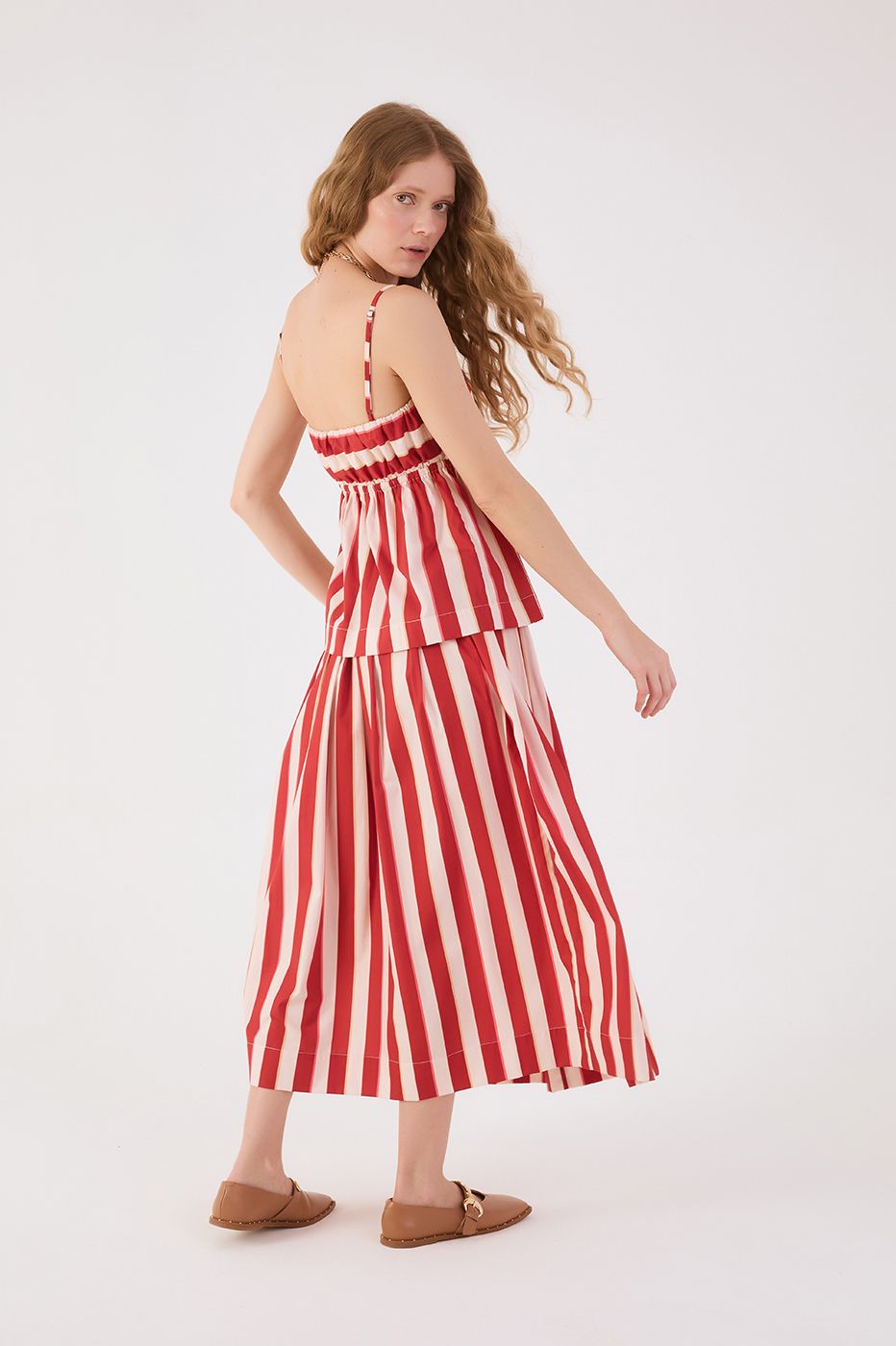 Red Maravilha Stripes Button Closure Pleats Maxi Skirt