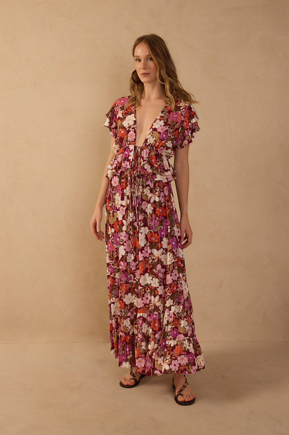 Brown Drawstring Ruffled Maxi Skirt_1