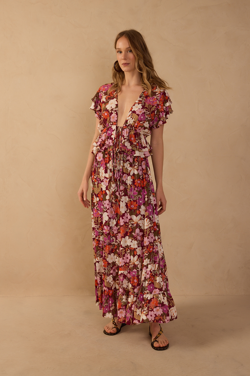 Brown Drawstring Ruffled Maxi Skirt_1
