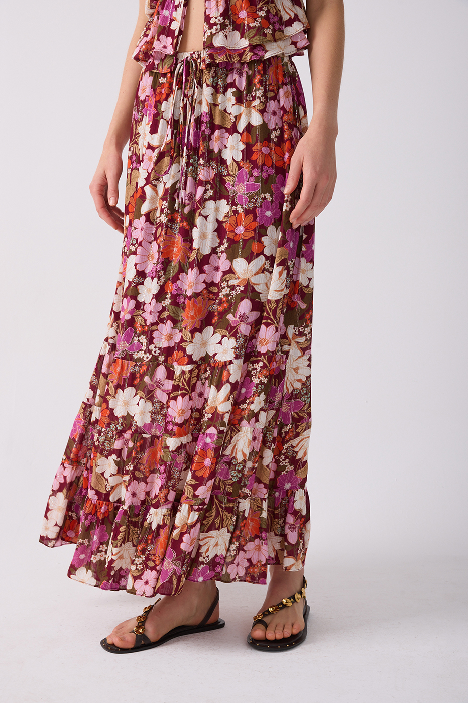 Brown Drawstring Ruffled Maxi Skirt_4