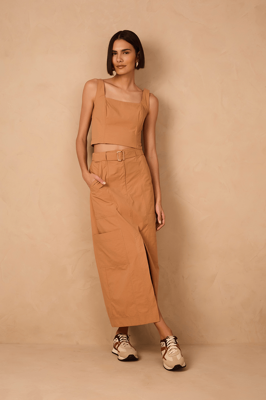 Beige Leme Pockets Cotton Utility Maxi Skirt