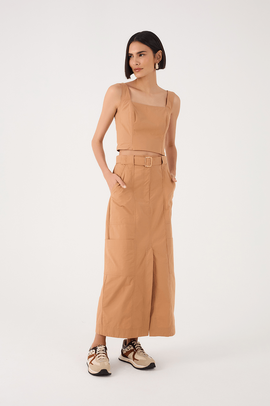 Beige Leme Pockets Cotton Utility Maxi Skirt