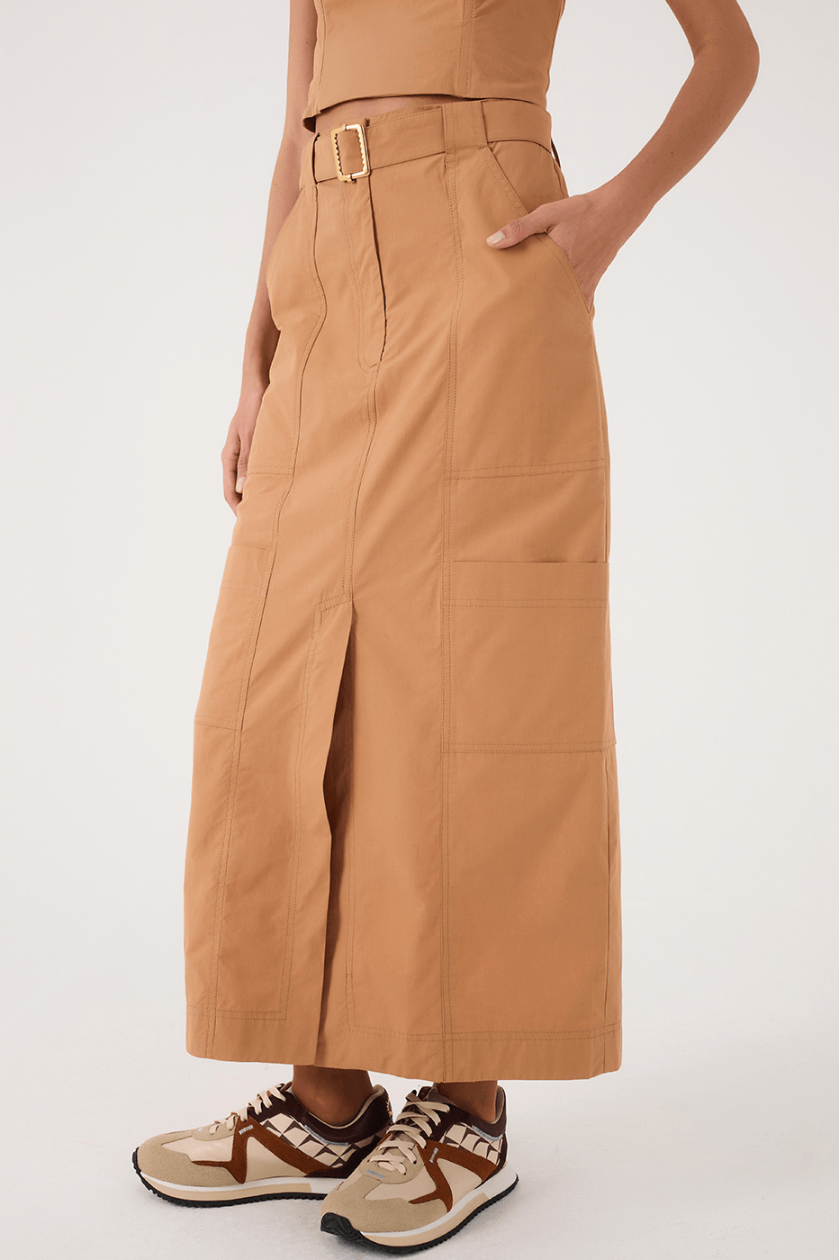 Beige Leme Pockets Cotton Utility Maxi Skirt