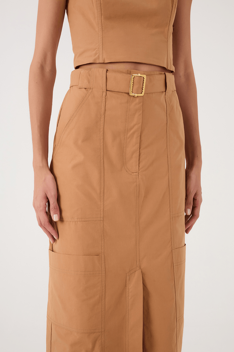 Beige Leme Pockets Cotton Utility Maxi Skirt